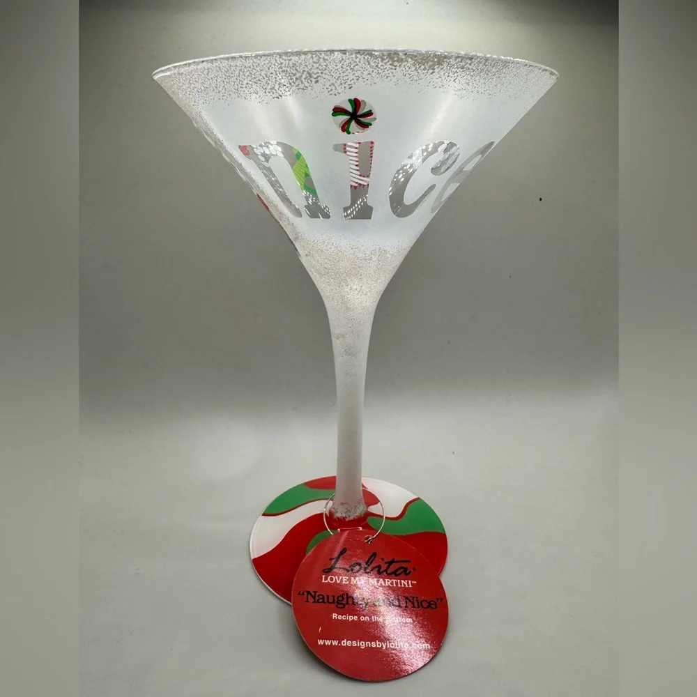 Lolita Naughty and Nice Christmas Martini Glass NIB Hand Painted Collectible 7oz